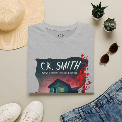 (White and Grey) Horror Author Tee — "C.K. Smith" Haunted House Book Cover T-Shirt