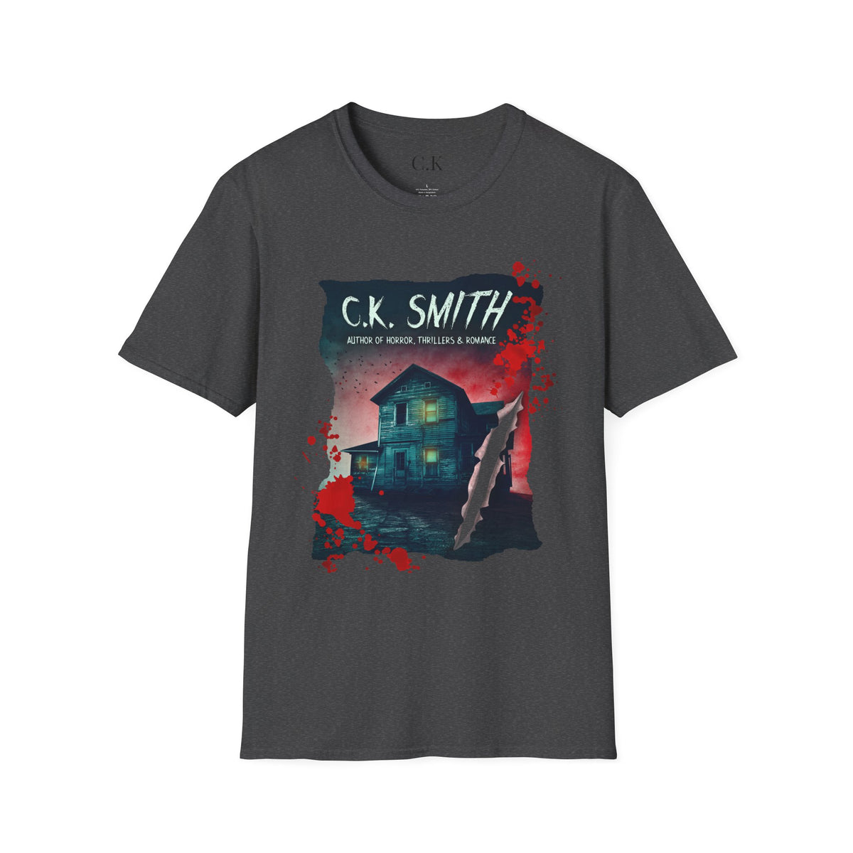 (White and Grey) Horror Author Tee — "C.K. Smith" Haunted House Book Cover T-Shirt