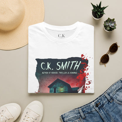 (White and Grey) Horror Author Tee — "C.K. Smith" Haunted House Book Cover T-Shirt