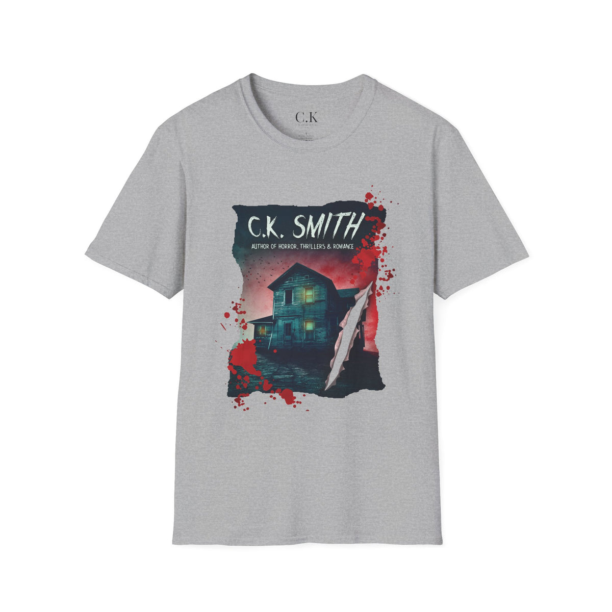 (White and Grey) Horror Author Tee — "C.K. Smith" Haunted House Book Cover T-Shirt