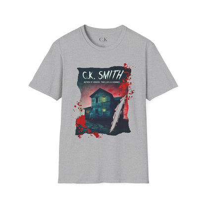 (White and Grey) Horror Author Tee — "C.K. Smith" Haunted House Book Cover T-Shirt