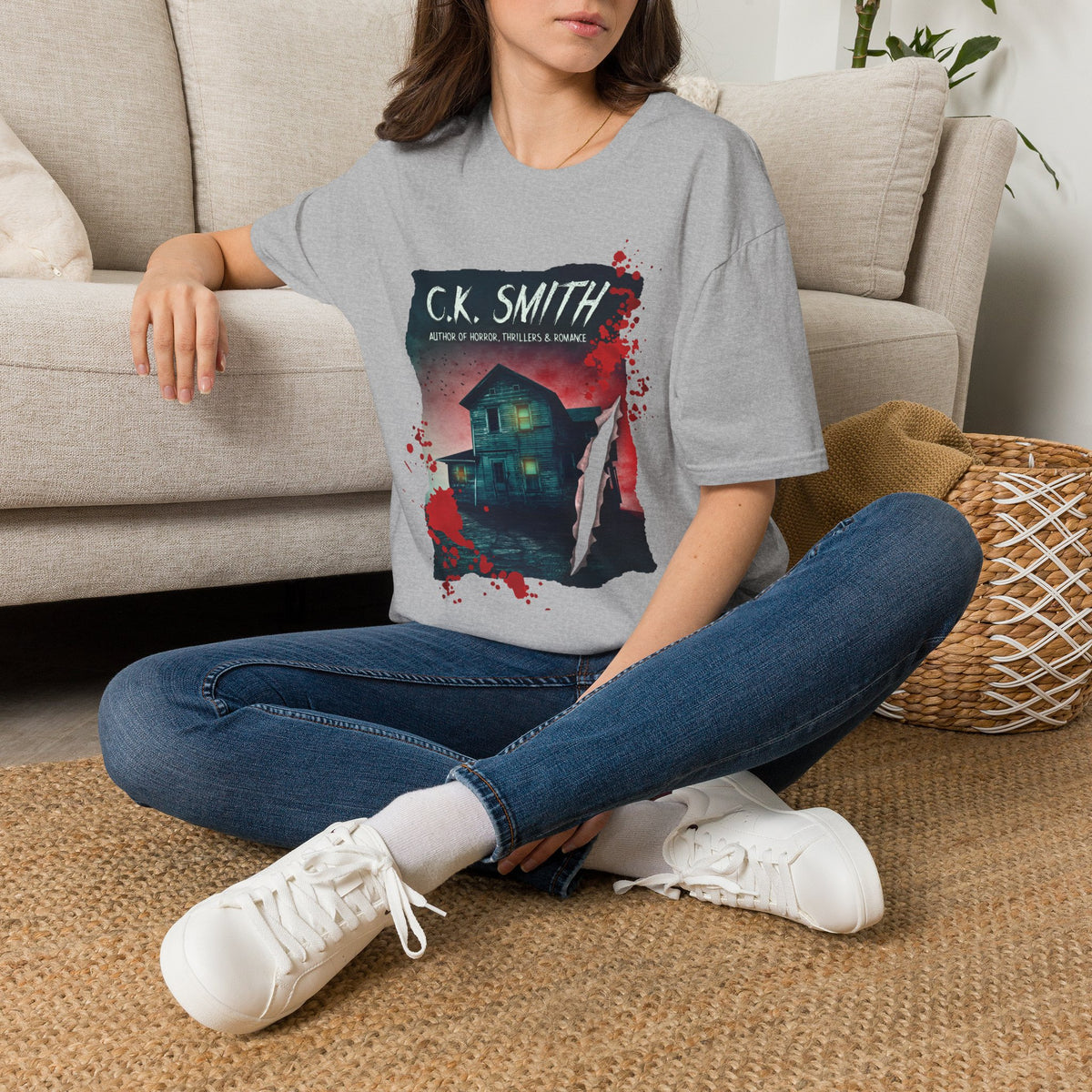 (White and Grey) Horror Author Tee — "C.K. Smith" Haunted House Book Cover T-Shirt