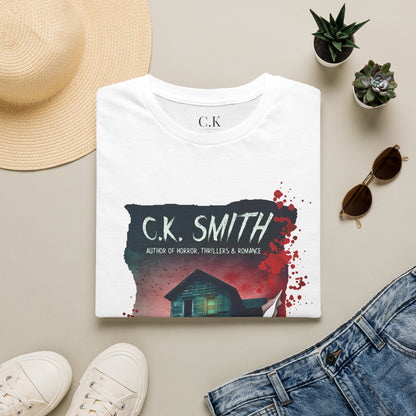 (White and Grey) Horror Author Tee — "C.K. Smith" Haunted House Book Cover T-Shirt
