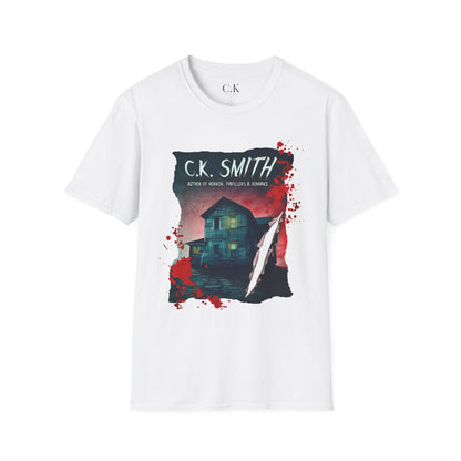 (White and Grey) Horror Author Tee — "C.K. Smith" Haunted House Book Cover T-Shirt