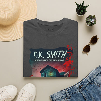 (White and Grey) Horror Author Tee — "C.K. Smith" Haunted House Book Cover T-Shirt